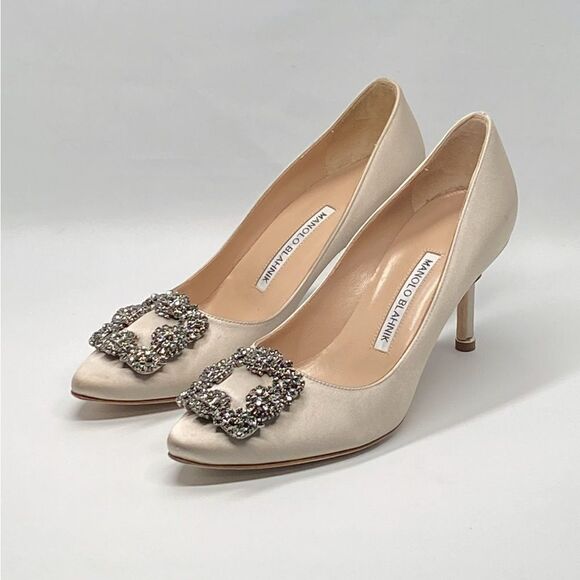 Manolo Blahnik Hangisi 70 Embellished Satin Pumps size 37 - Picture 2 of 14